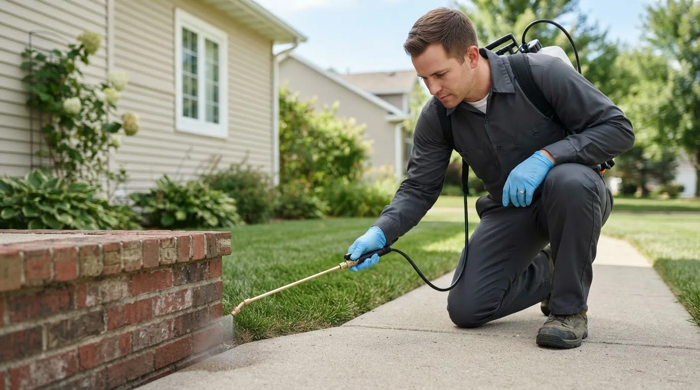 Pest control technician treating a home near Langley, WA